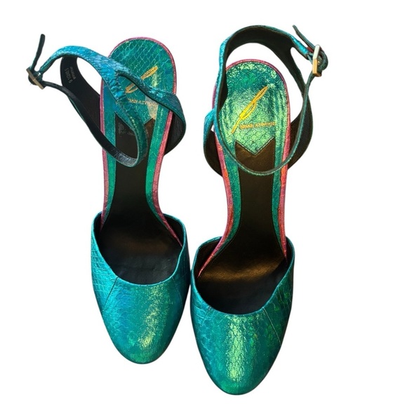 Brian Atwood Fontenay Hologram Snakeskin Platform Pump Blue Magenta Silver 9.5 - Picture 3 of 11